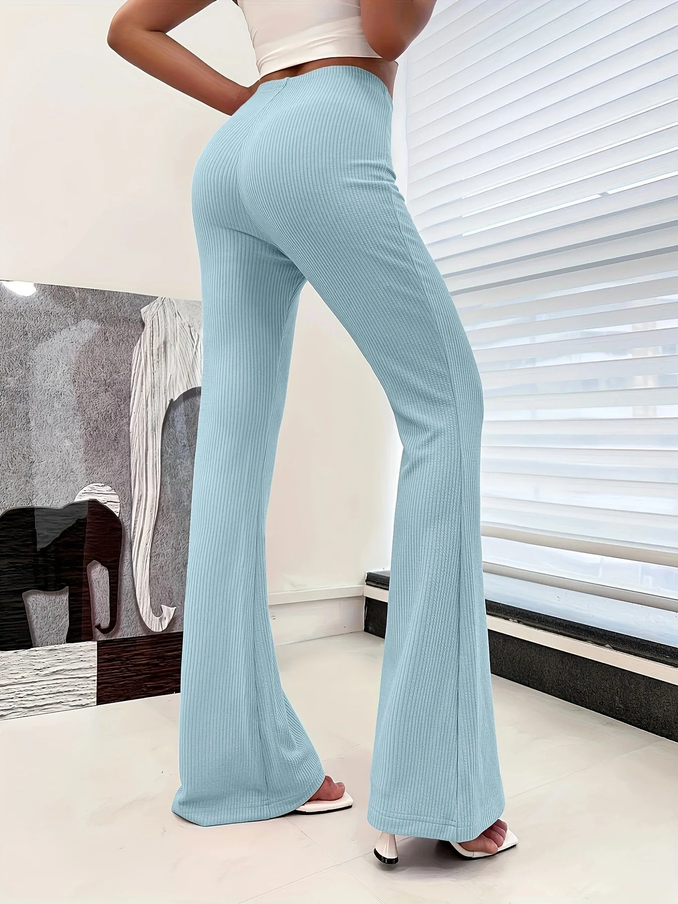 여성용 하이웨이스트 플레어 팬츠 신축성 있는 골지 부츠컷 팬츠 패셔너블 캐주얼웨어 요가 팬츠