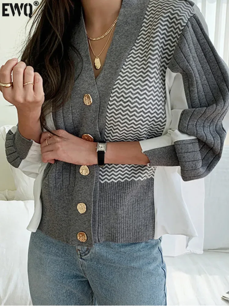 [EWQ] Korean chic Casual big size Knit Cardigan Single Breasted Contrasting Colors Women Knitted Clothing 2024 Autumn New GZ312