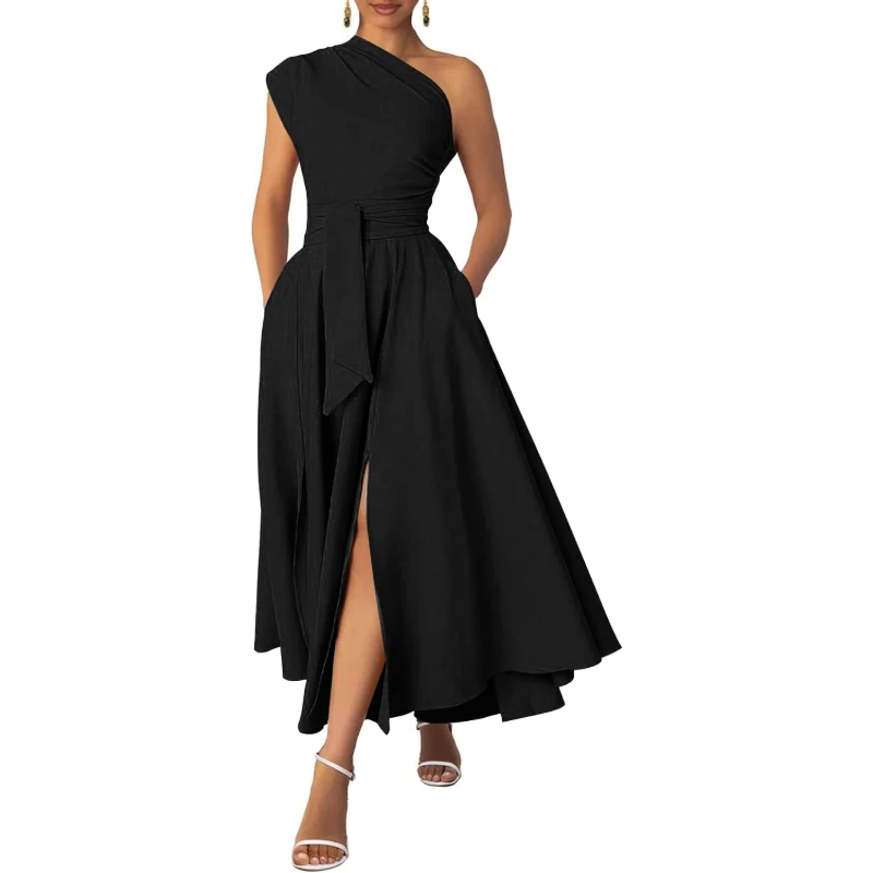 Women's One Shoulder Belted Maxi Dress Formal Wedding Guest Dress
