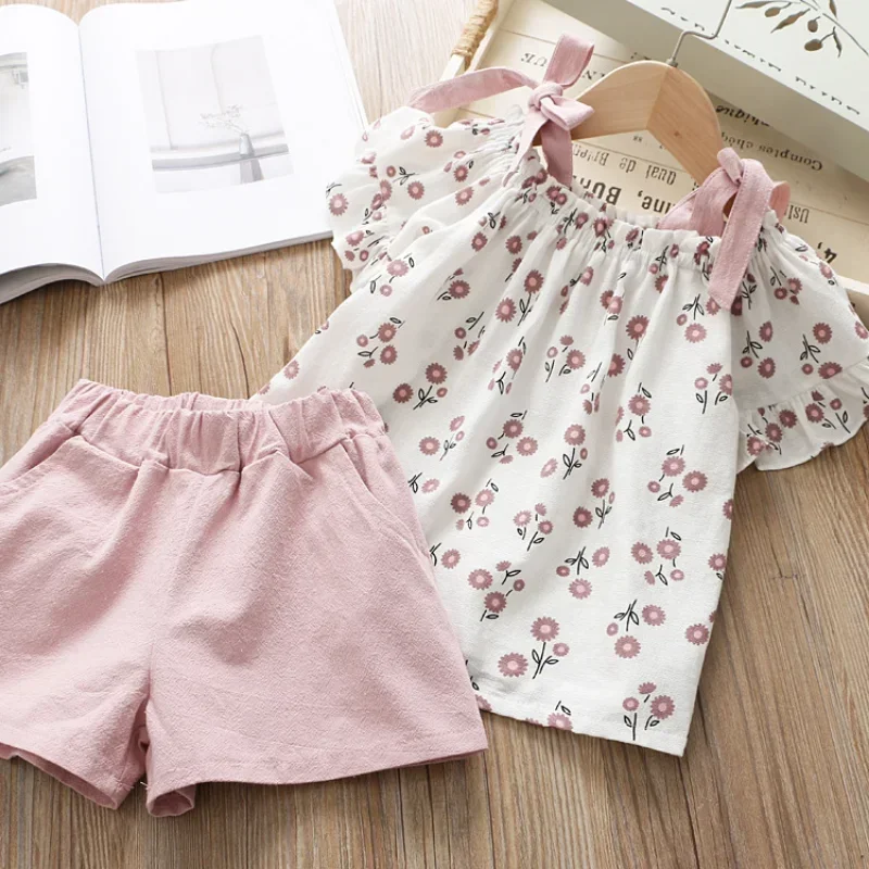 Sweet Baby Girls Clothing Sets Summer Kids Clothing Sleeveless Floral T-shirt Shorts Pants 2Pcs Suit Bow Children Girl Suit