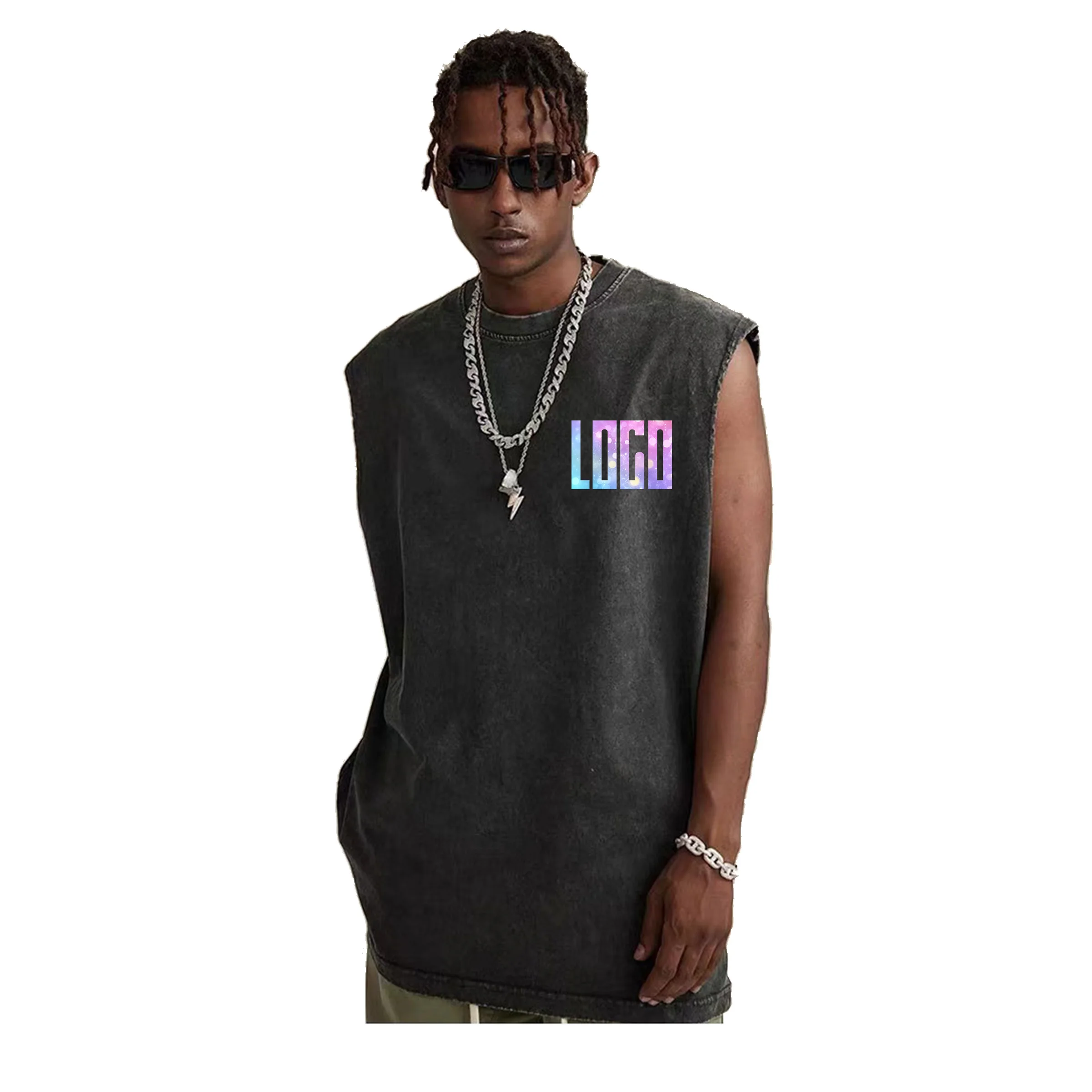 

DIY retro washed cotton custom logo vest for men and women, fitness and sports vest, summer casual sleeveless T-shirt top