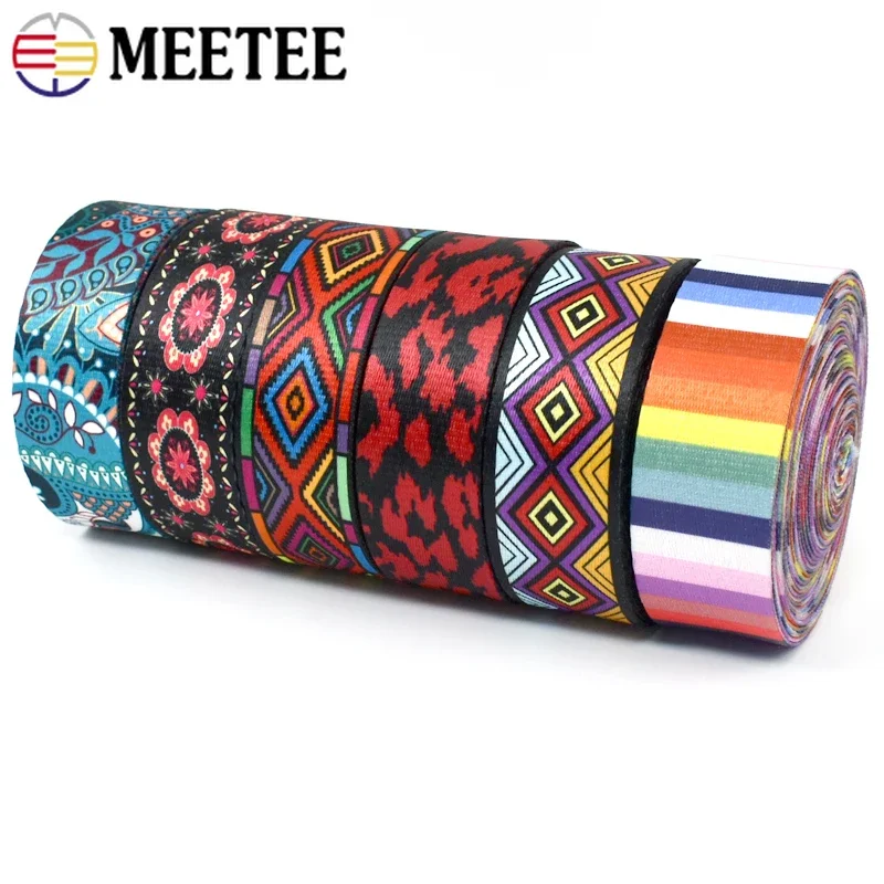 1-4Meters Meetee 38mm Printed Ethnic Jacquard Webbing Nylon Ribbon Bag Strap Belt Ribbons Clothing Decor Tape Sewing Accessory