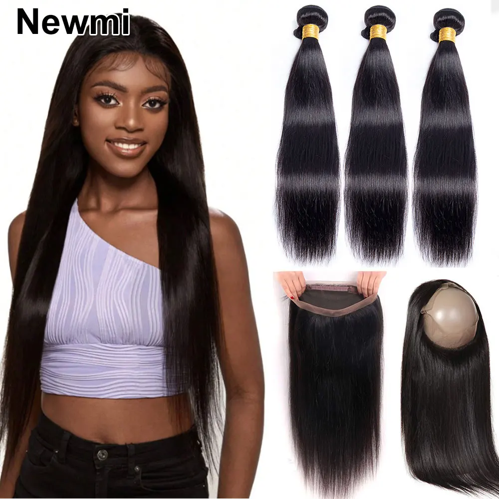 Straight Bundles with 360 Lace Frontal Brazlian Hair Weave Human Hair 3 Bundles with 360 Lace Closure