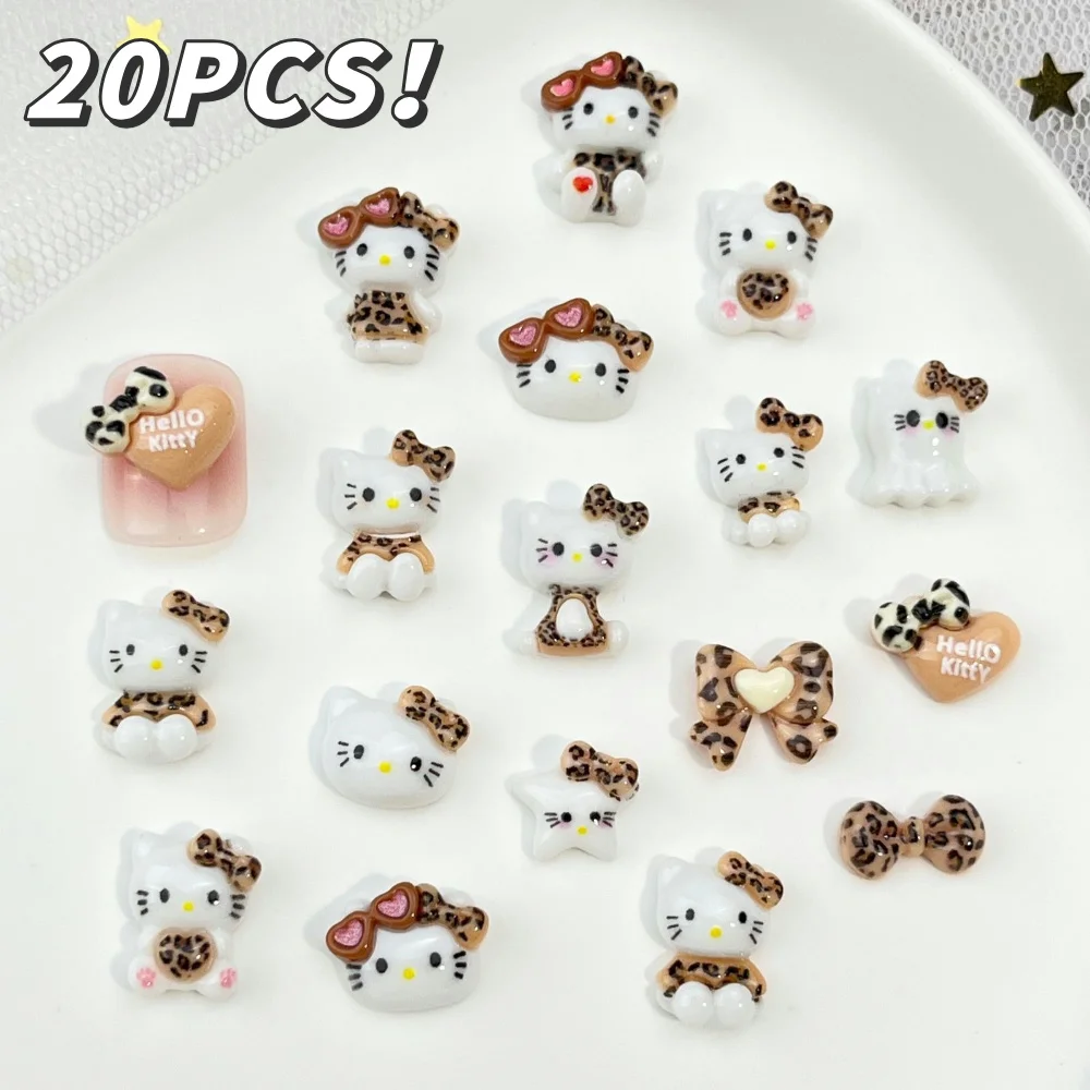 20 pezzi leopardo Hello Kitty Cartoon Nail Art Charms occhiali carini KT Cat Bow parti per unghie fai da te accessori per la decorazione del trapano per unghie in resina