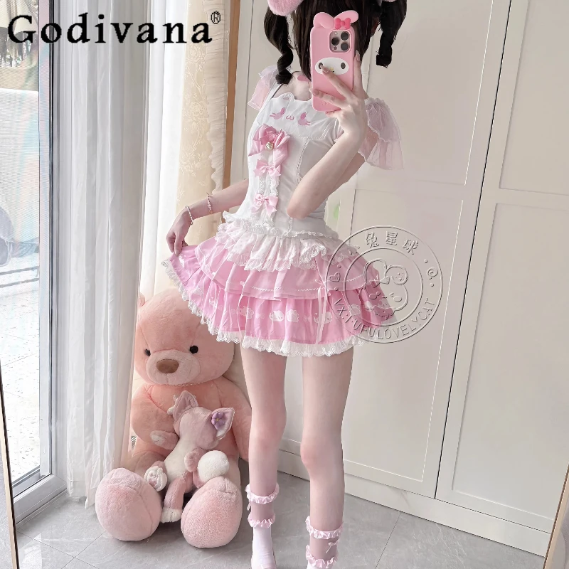 

Оригинальный кавайный топ + юбка, комплект из 2 предметов, одежда Y2K для дочери, весна-лето, новая милая футболка с принтом для девочек и комплект юбки-торта