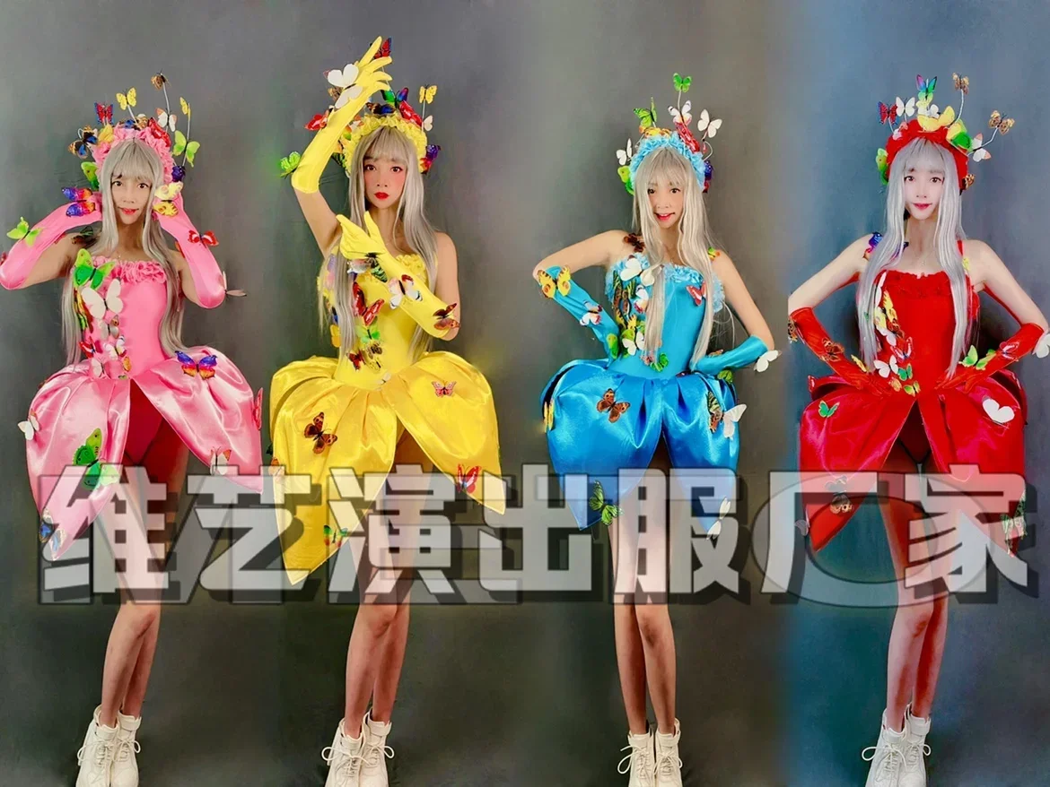 Performance candy color butterfly elf fairy tutu skirt headdress paradise carnival cruise theme clothing 3-piece set