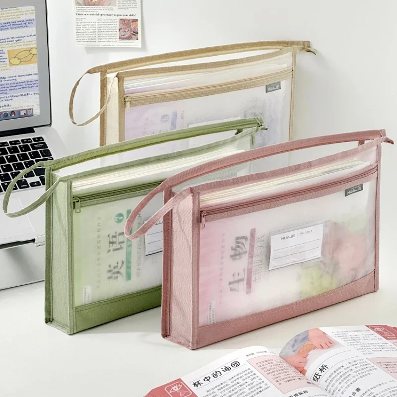 Transparent A4 Mesh Document Bag with Zipper for School Students custom Subject classification portable tutoring bag