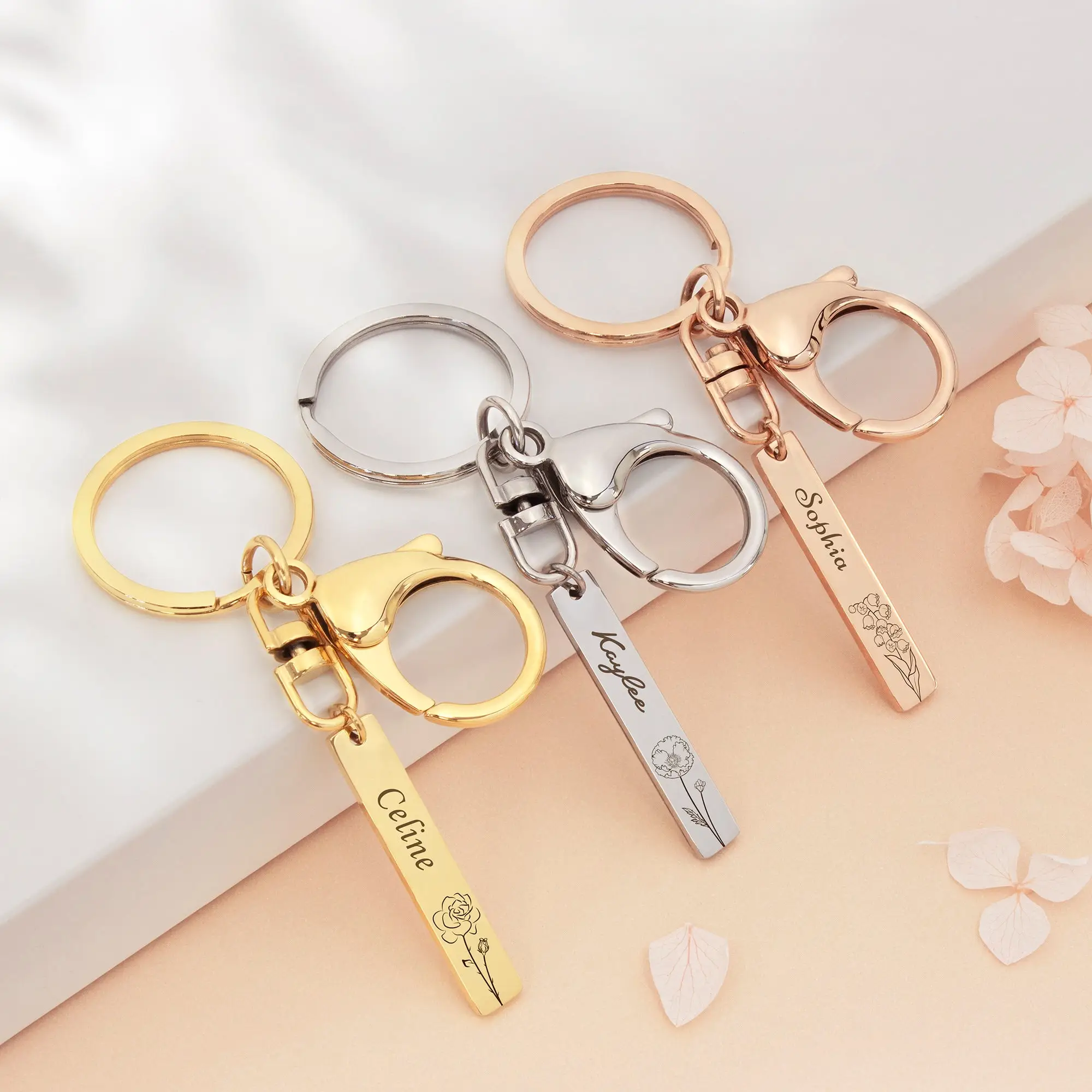 

Vertical Bars Keychain with Large Lobster Clasp Birth Flower Keychain Custom Name Keychain Birth Flower Gift For Grandma Jewelry