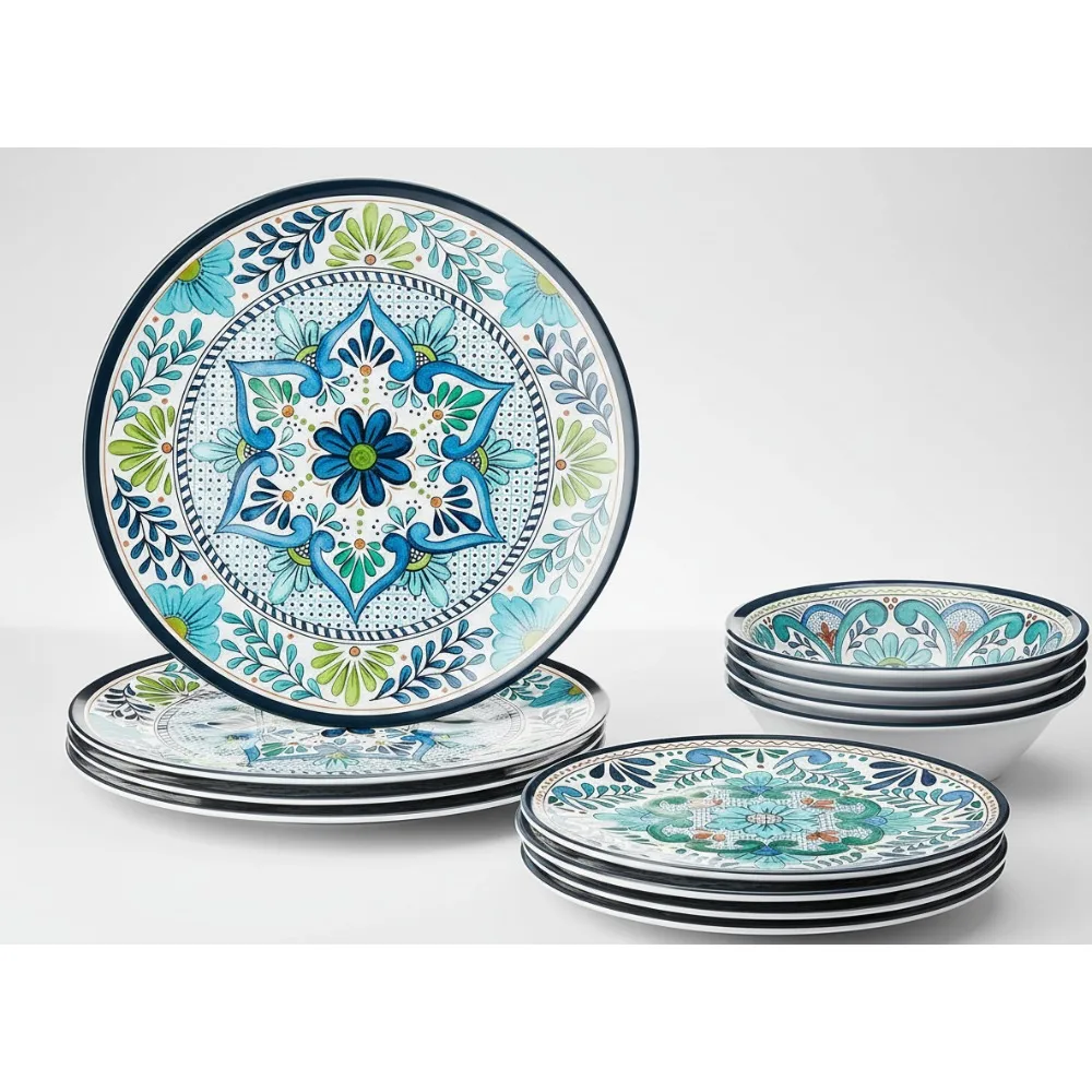 

Spanish Tile 12-Piece Melamine Dinnerware Set - Shatterproof Plates Bowls for 4, Outdoor Indoor Use