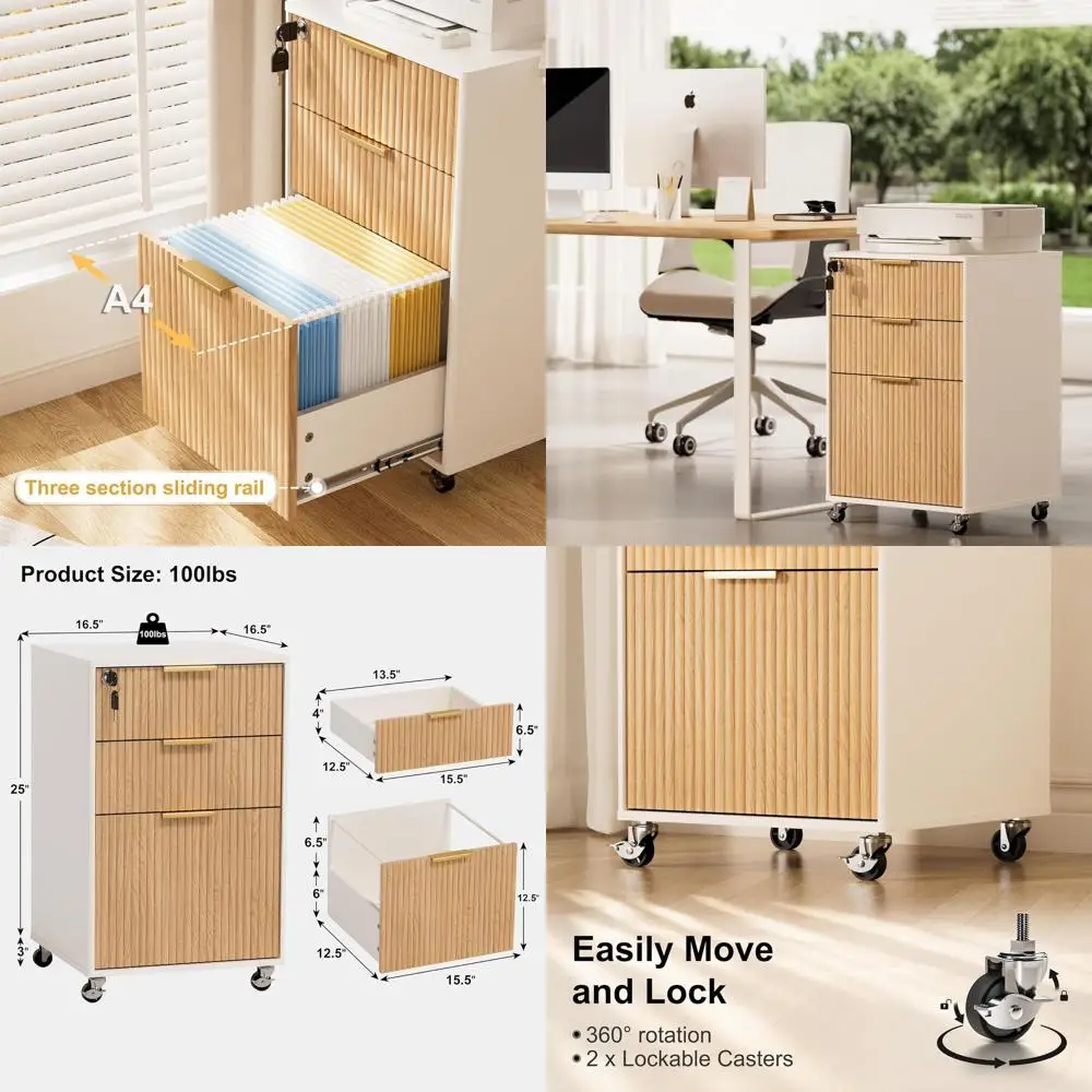 

Lockable 3-Drawer Fluted Mobile File Cabinet for Home Office, Under Desk Wooden Storage Solution