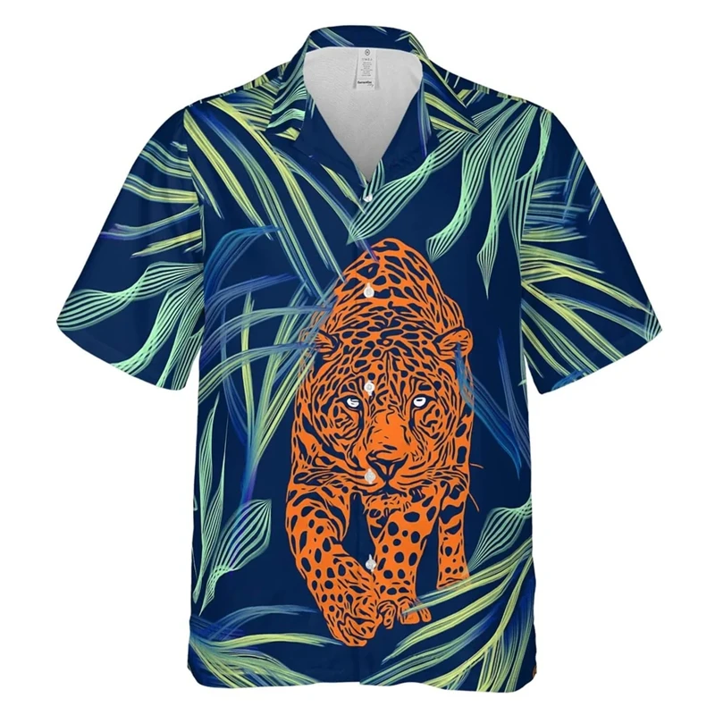 

Seaside Holiday Men's Short Sleeve Lapel Shirts New Handsome Leopard Print Harajuku Hawaiian Beach Blouse Camisa Male Casual Top