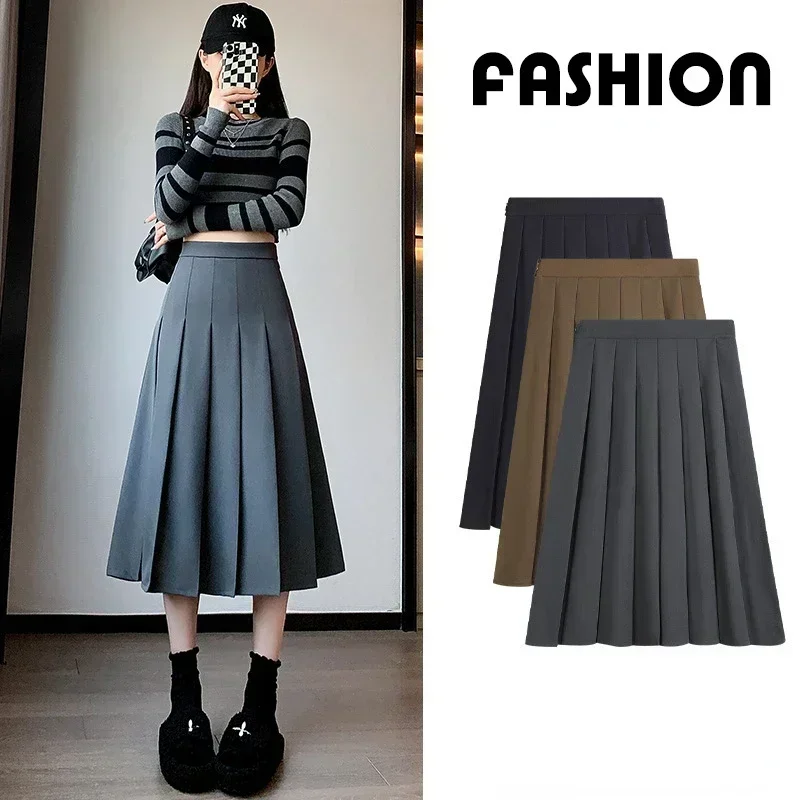 

Autumn and Winter Solid Color Korean Fashion Pleated Skirts Women's High Waist Mid Length A-line Skirt Preppy Style