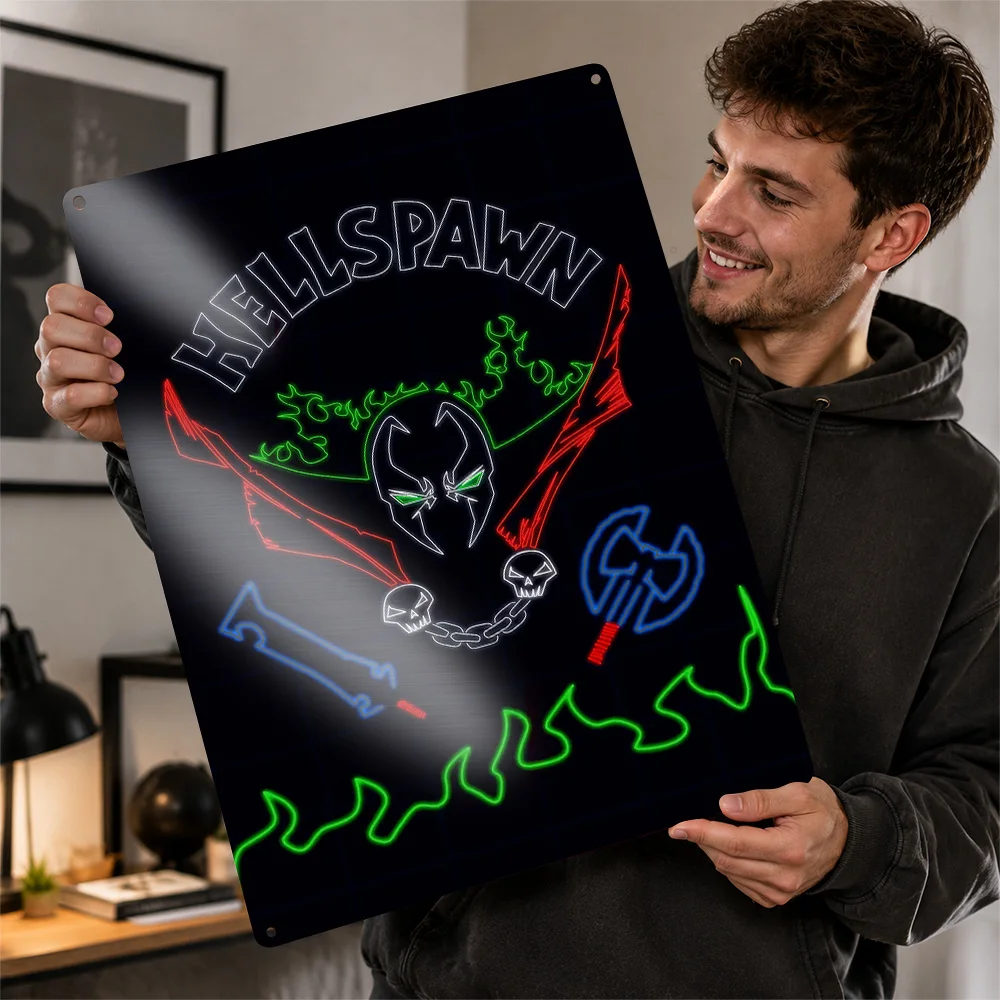 Hell Spawn Neon Art Poster Retro 3D Printed Metal Signs Customized Wall Hanging Gift for Office Decor Room Bedroom Stuff Home