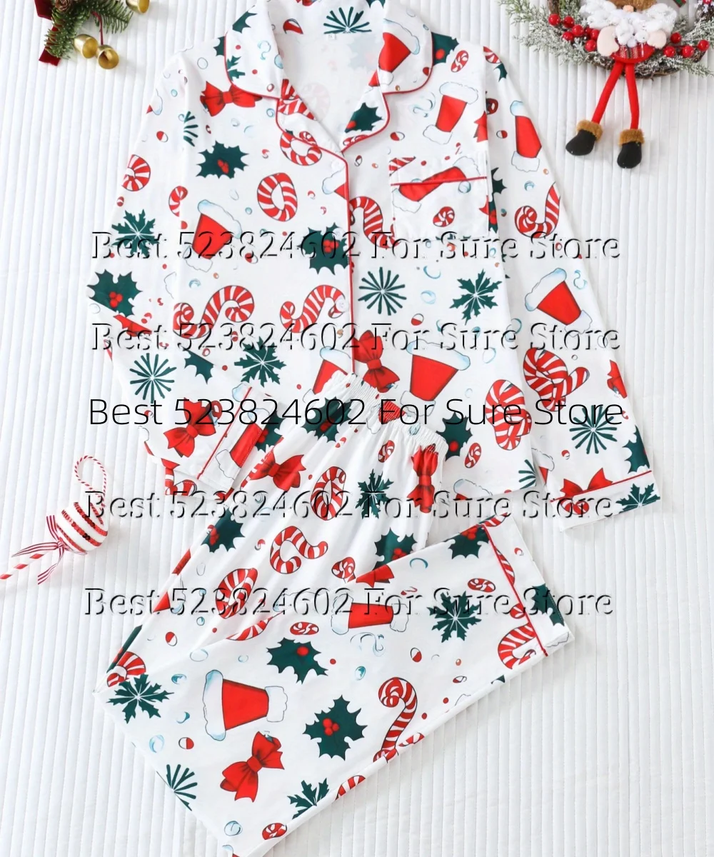 Ladies Christmas Print Loungewear Set Lapel Collar Button Long Sleeve Top Long Pants Santa Snowflake Pattern Soft Sleepwear Suit