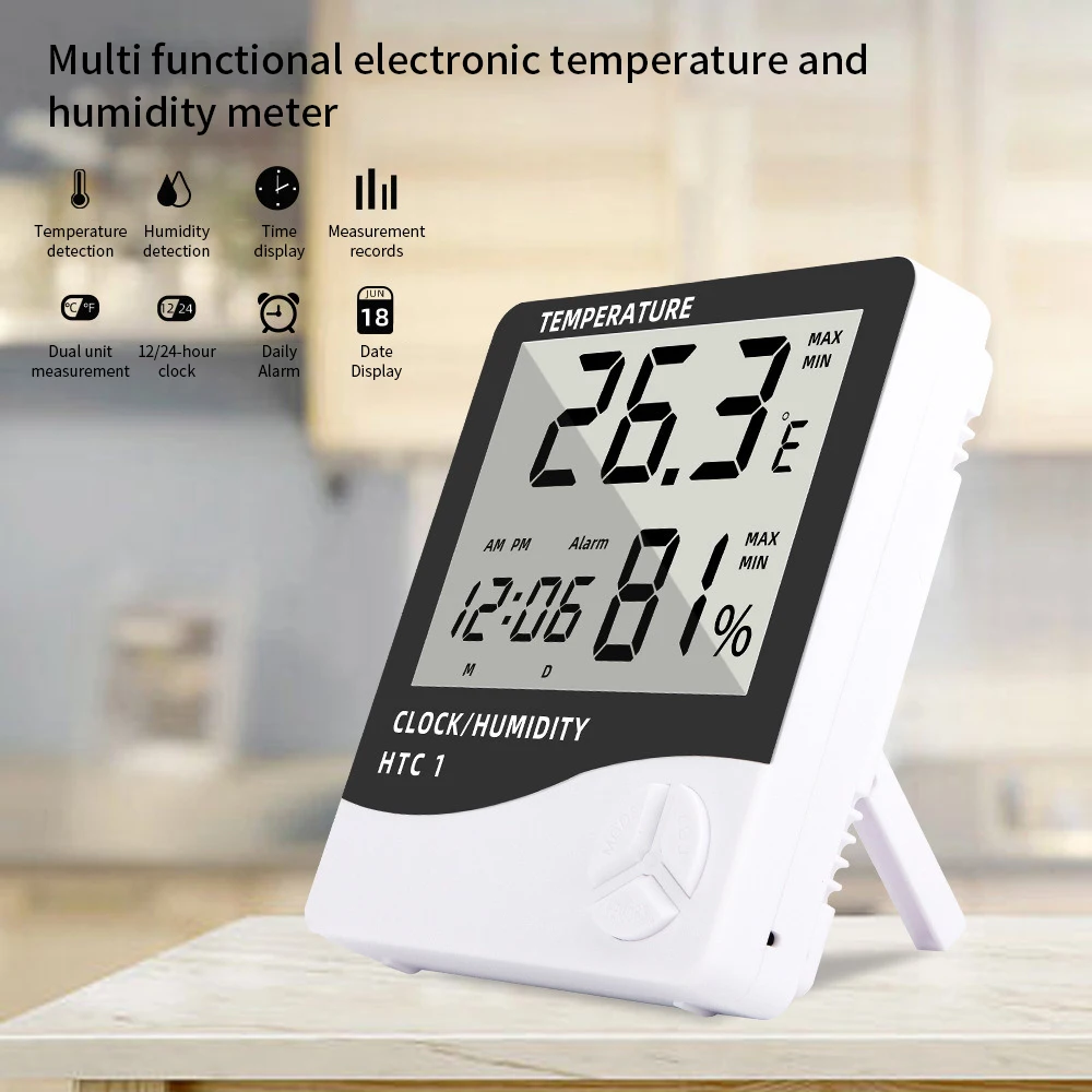 LCD Electronic Digital Temperature Humidity Meter Thermometer Hygrometer Indoor Outdoor Weather Station Clock HTC-1 HTC-2