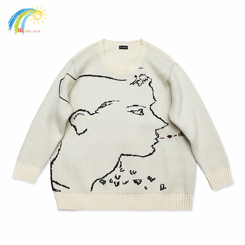 24FW Best Quality Character Outline Jacquard RAF SIMONS Sweater Men Women Couple Loose Light Apricot Knitted Sweatshirts