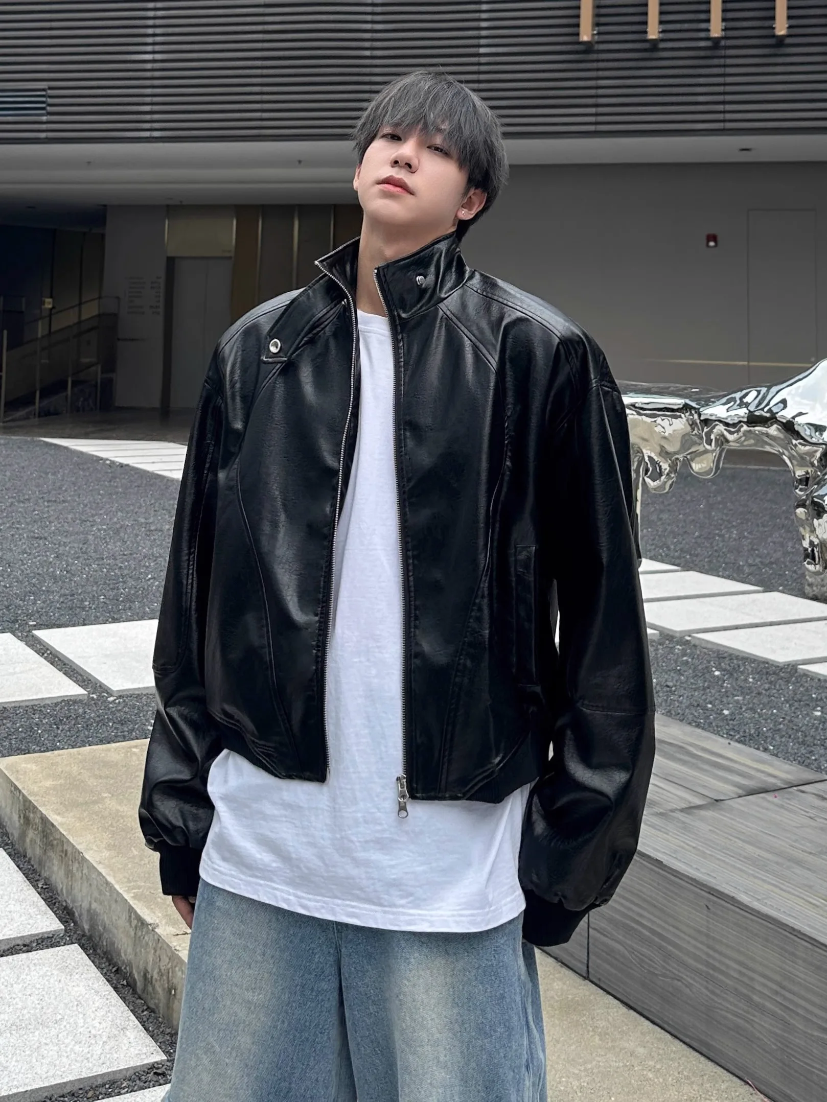 

Korean Japanese Street Sle Men's ort Loose PU Leather Jaet Stand Collar Biker Coat Youthful Energy Faion Autumn Wear