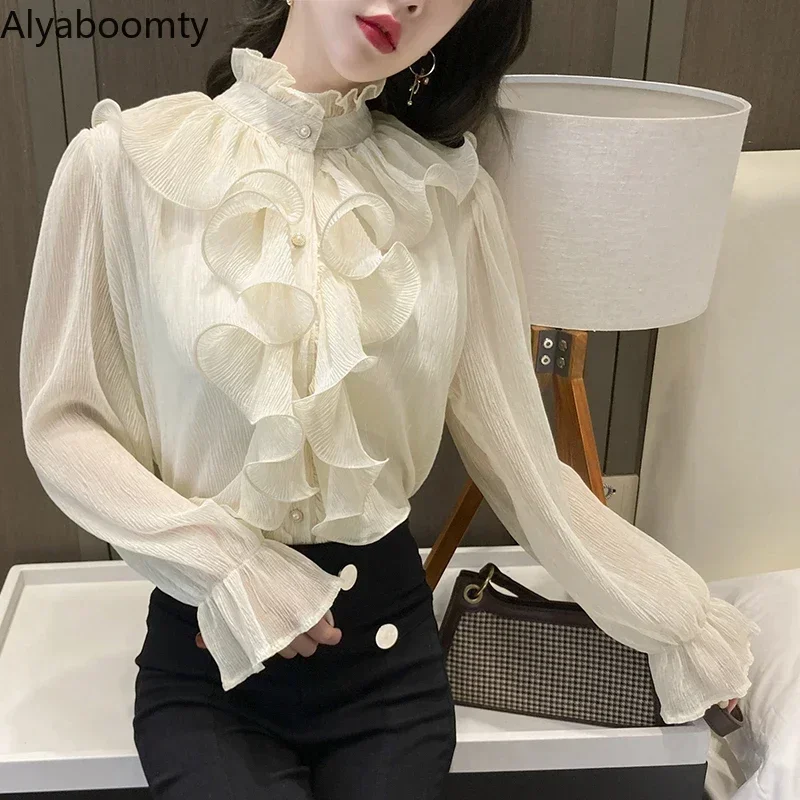 Spring Autumn Women Princess Blouse Ruffled Collar White Apricot Black Fairy Blusas Elegant Chiffon Ruffles Feminine Loose Shirt