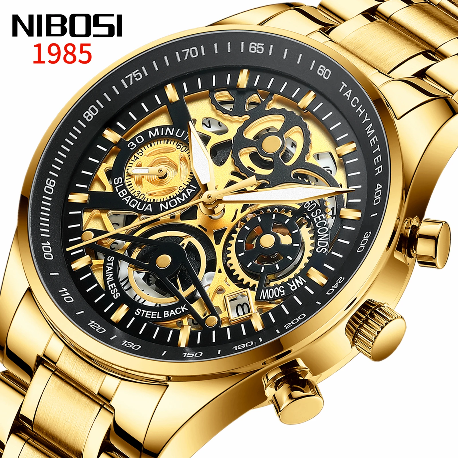 

NIBOSI Mens Watches Luxury Brand Gold Skeleton Quartz Watch Casual Fashion Wristwatch Clock Sport Military Relogio Masculino