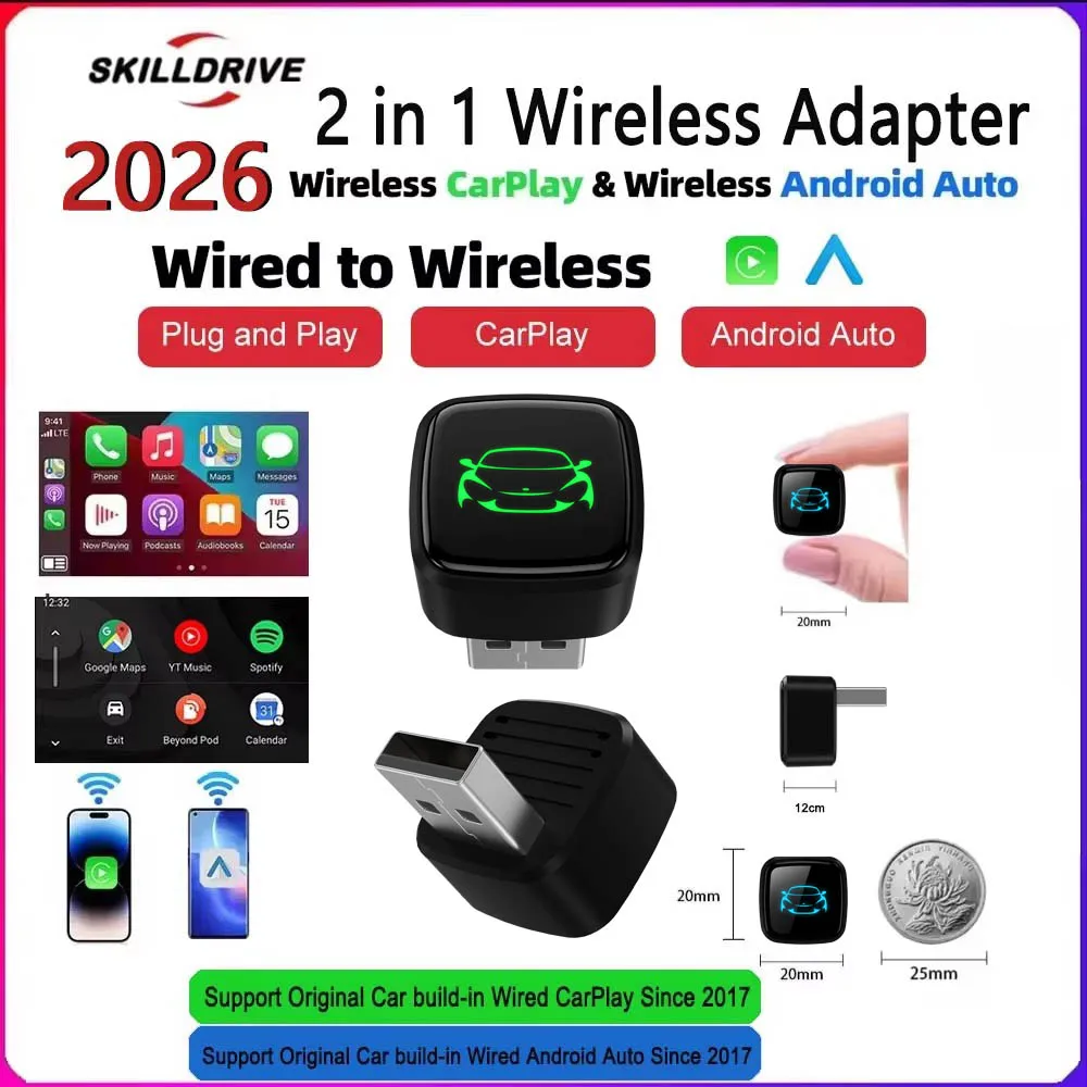 Skilldrive 2026 ワイヤレスCarPlay Android Auto ウルトラミニアダプター AIスマートボックス インテリジェントシステム USB C 有線CarPlay対応車用