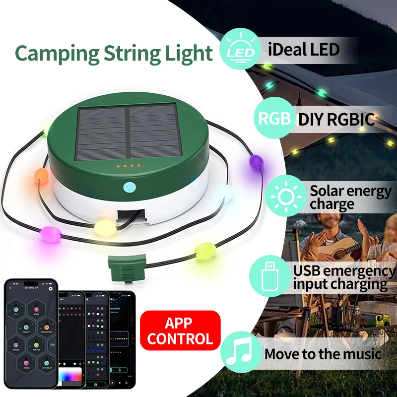 Solar Camping Lights RGB Ambient Light Outdoor Portable Storable Rechargeable LED String Lights Party Garden Decoration Lighting