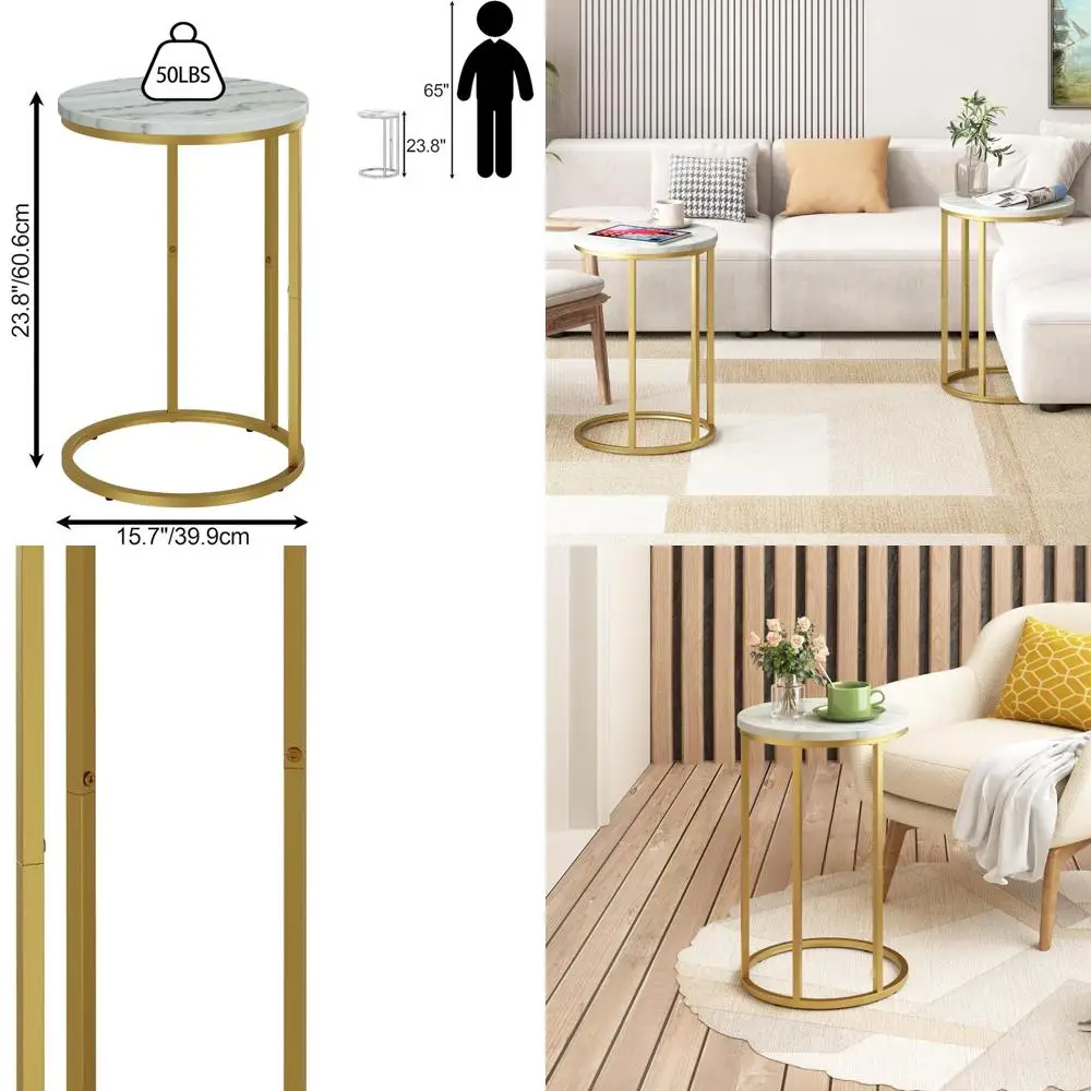 

Marble Top Gold Frame Side Table for Living Room, Sofa C-Shaped Accent Table for Small Spaces