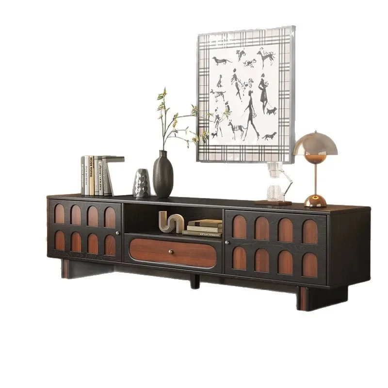 

French retro, TV cabinet coffee table, black solid wood American style, combination floor, living room storage