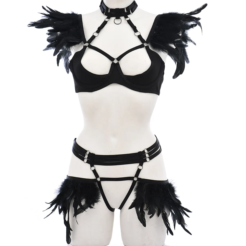 Goth Feather Decorated Body Harness Cage Exotic Sets Women Sexy Lingerie Set Panty Fancy Luxury Kit Punk Halloween Harness Bra