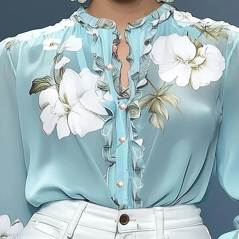 중국 스타일 블라우스 여성 캐주얼 플로럴 프린트 O넥 버튼 오피스 탑 셔츠 가을 신상 퍼프 롱 슬리브 여성 의류 블루사