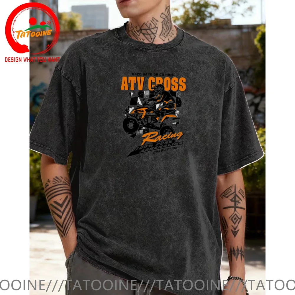 

Vintage Washed Cotton T-Shirt Funny Designer ATV quad motocross orange T Shirt Men Fashion Trendy Casual Clothing Stylish Tops
