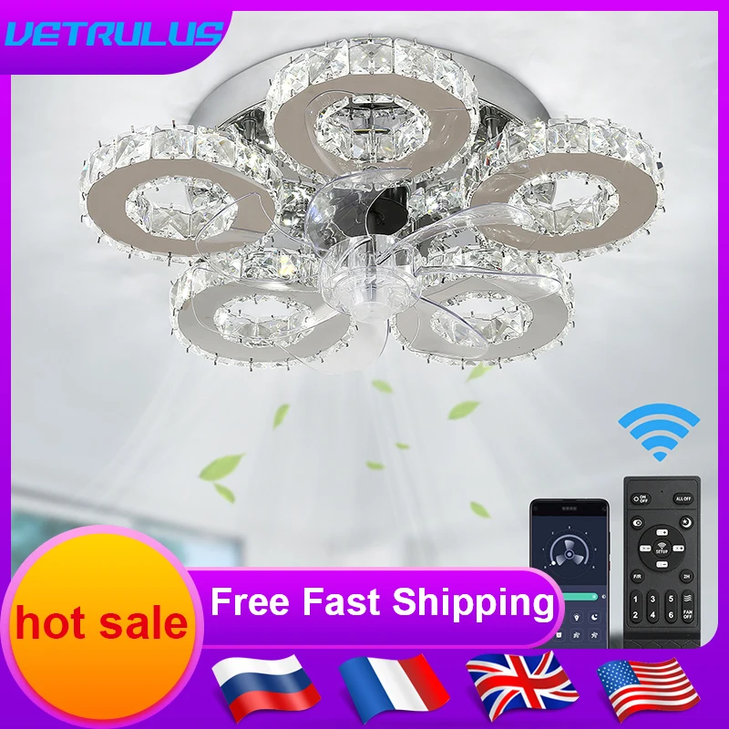 Luxury Crystal Ceiling Fan Led Lamp Smart APP RC Modern Fan Light Chandelier Home Decor Chandelier Living Dining Room Fixture