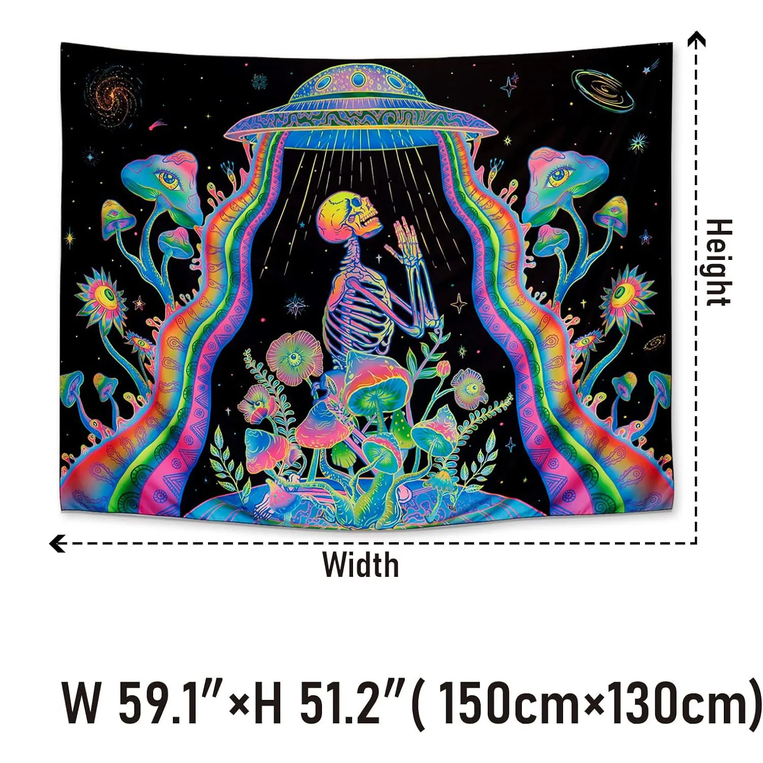Blacklight Skull Tapestry For Bedroom, Glow In The Dark Mushroom Floral Wall Hanging, Black Light UFO Skeleton Tapestry - view 6