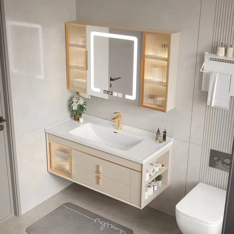 Light luxury bathroom cabinet combination oak bathroom washstand smart mirror cabinet integration