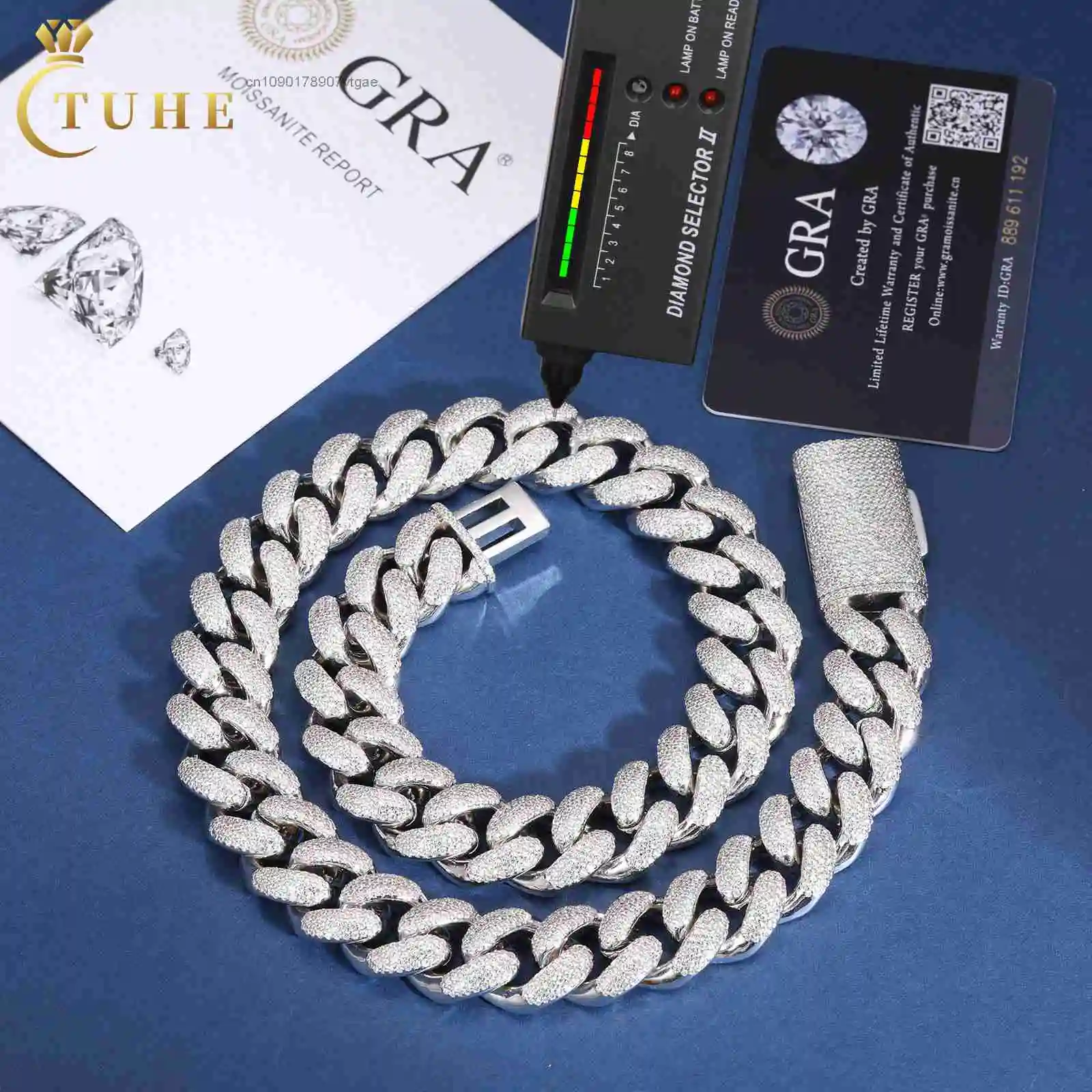 Rapper Fashion Jewelry Rock Men 18mm Genuine S925 Silver 4 Rows Mossanite Diamond Iced Out Bubble Cuban Link Chain Necklace.