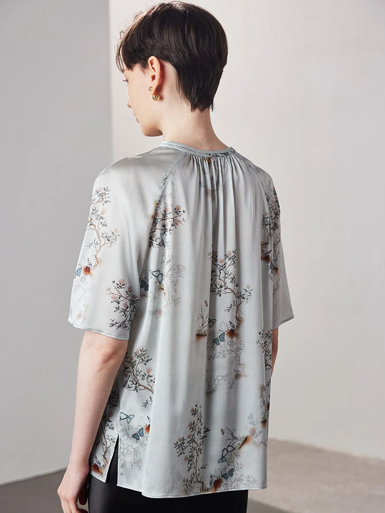 SuyaDream, damskie bluzki w kwiaty, 90% jedwab 10% spandex, okrągły dekolt, letnie koszule w stylu vintage, elegancki top na wiosnę i jesień 2025, żółty