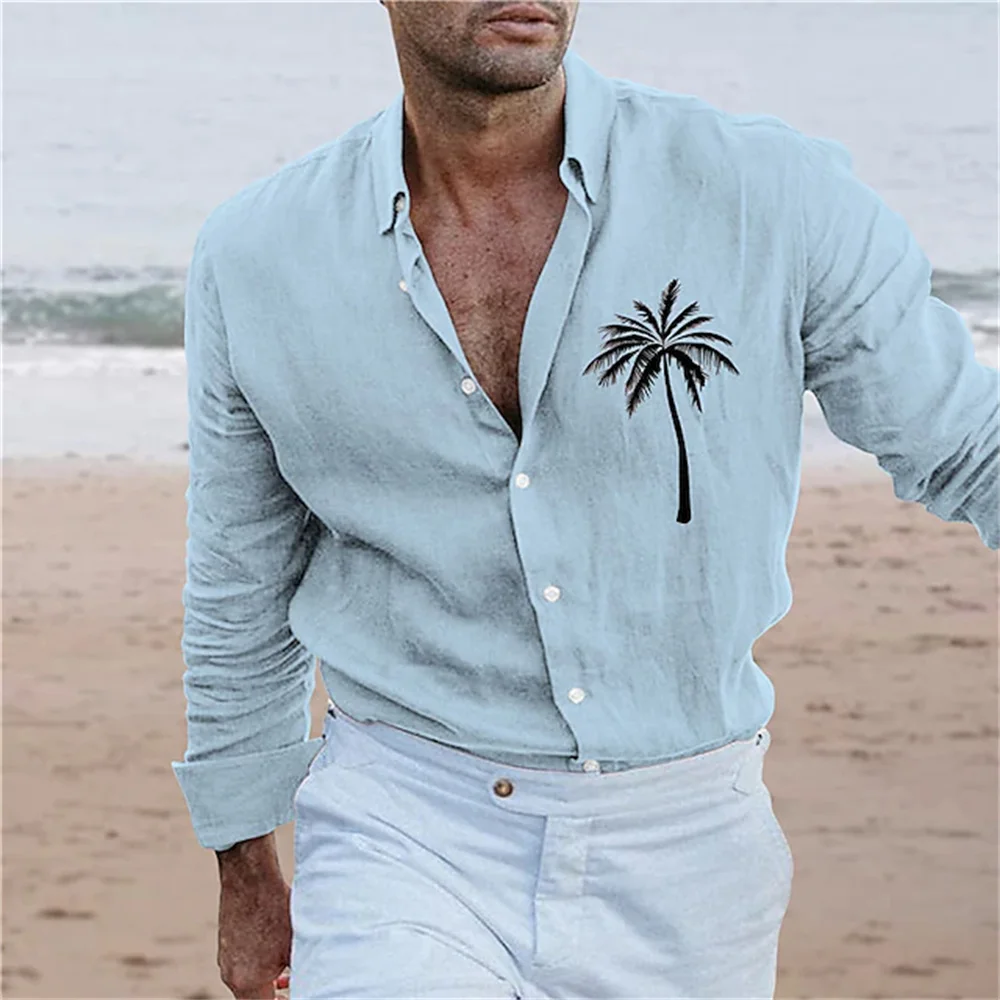 Camisa hawaiana de manga larga con estampado gráfico de árbol de Coco para hombre, ropa con botones, informal, fresca, moda de verano, nuevo estilo