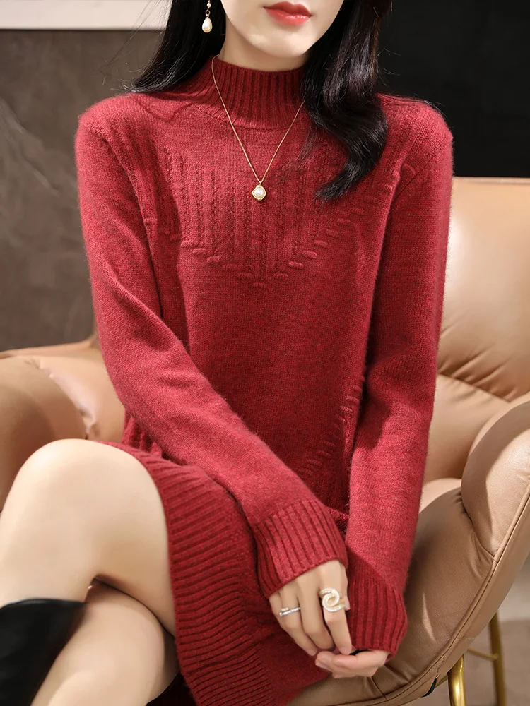 

Women Wool Dress Pullover Mock Neck Sweater Cashmere Vintage Short Skirts 100% Merino Wool Knit Autumn Winter Office Lady Skirts