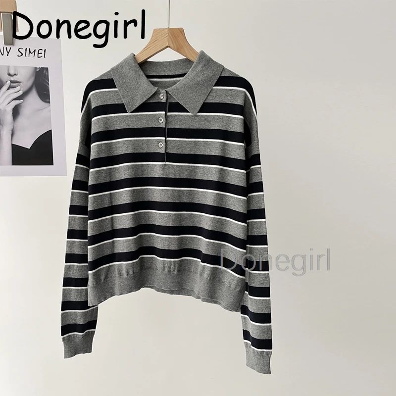 Autumn Winter POLO Collar Long Sleeve Comfortable Women Grey Strip Knitting Pullover Sweater Solid Color Elegant Femme Jumper