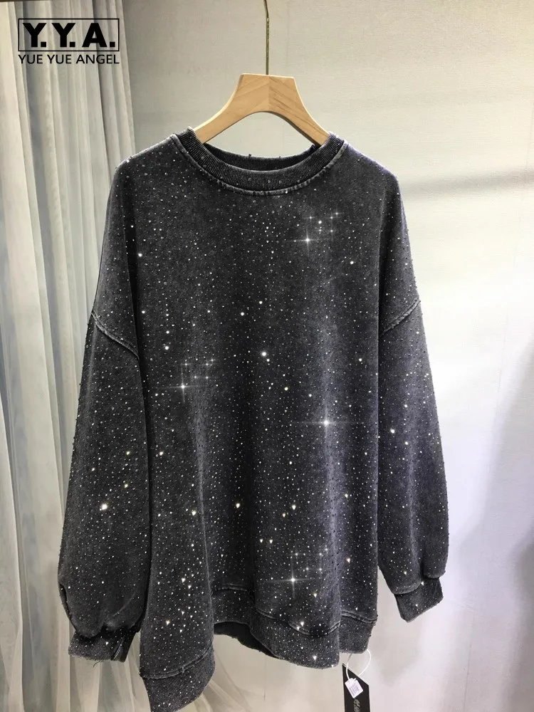 

Блестящий женский пуловер с бриллиантами, топ средней длины с круглым вырезом, черное пальто свободного кроя, осень-зима, верхняя одежда одного размера, повседневные куртки