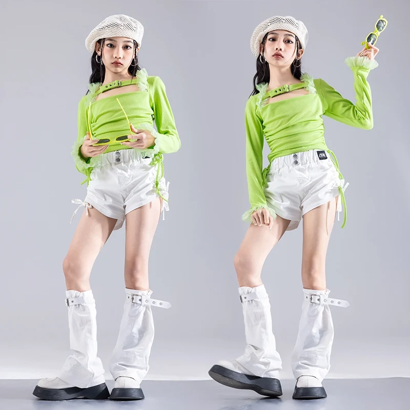 Nieuwe Street Dance Meisjes Groep Kleding Jazzdans Lange Mouw Trekkoord Top Shorts Pak Hiphop Outfits Schoen Kleding DQL9991