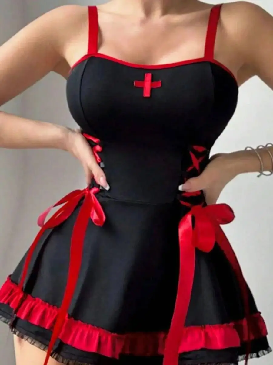 جديد مثير الإناث لعب الأدوار ممرضة الأحمر والأسود عبر حزام الدانتيل يصل فستان قصير مع الكشكشة Bowknot فستان بلا أكمام الحلو XC2C