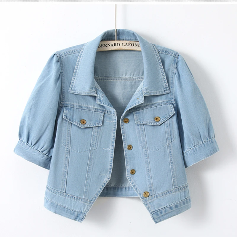 

Summer New Women Vintage Light Blue Thin Short Denim Jacket Irregular Single-Breasted Short Sleeve Jeans Jacket Coat Streetwear