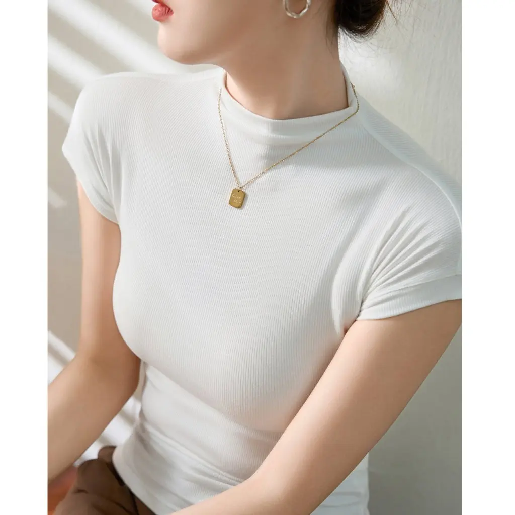 

Women's High Quality Half Turtleneck Slimming T-Shirt Summer Raglan Short Sleeve Stand Collar Bottoming Shirt