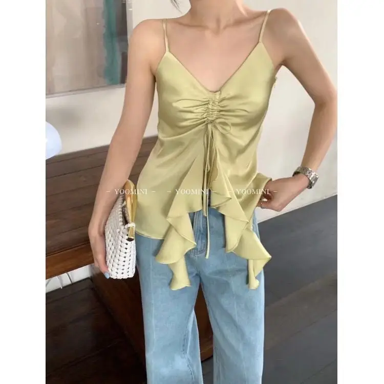 Mint Mambo Acetate Satin V-neck Strap Top Women Summer Outerwear Wrinkled Drawstring Black Fungal Top