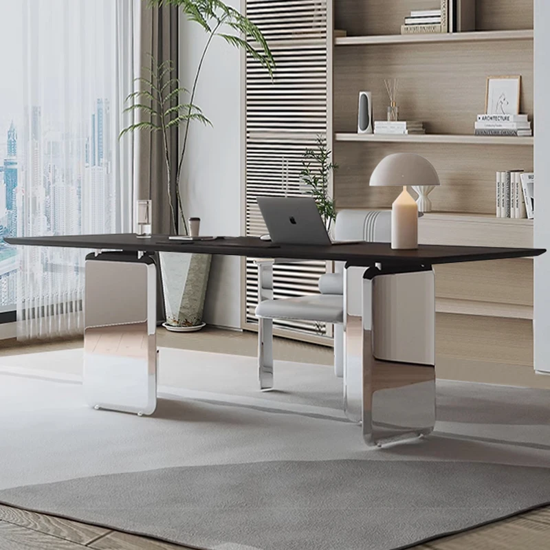 Light luxury high-end rock board desk, modern minimalist Italian minimalist stainless steel computer desk