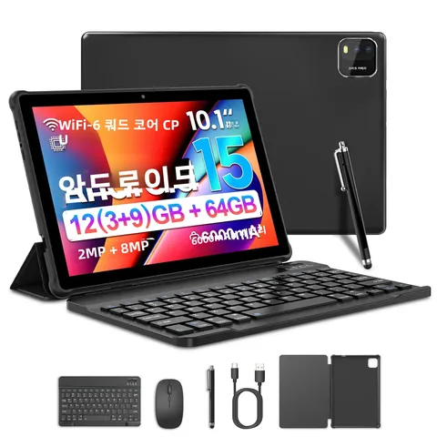 BAKEN 10인치 안드로이드 15 태블릿, 쿼드코어 프로세서, 12GB (3+9 확장) RAM + 64GB 저장공간, 5G WiFi, 1280*800 듀얼 카메라