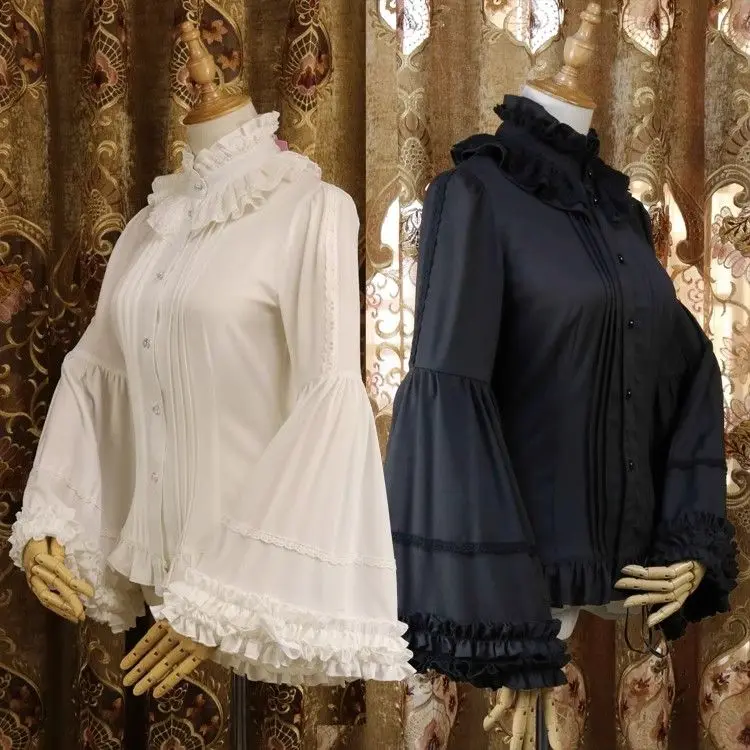 Gothic Lolita Blouses Vrouwen Zoete Elegante Kanten Ruches Coltrui Slanke Shirts Japanse Herfst Lange Mouw Tops