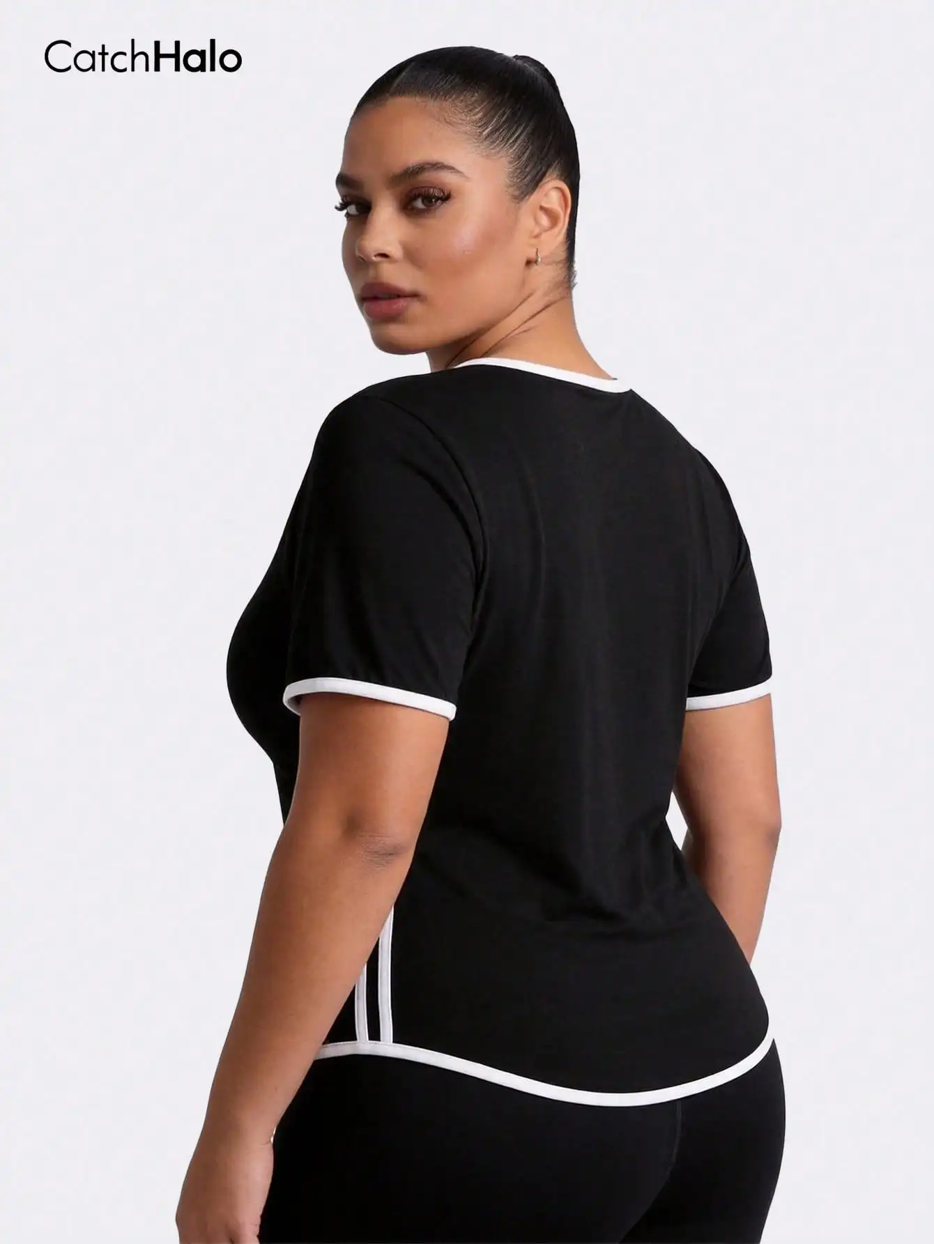 Women Plus Size Contrast Trim Sports T-Shirt Side Stripes Workout Top Breathable Short Sleeve Casual Gym Fitness Tee