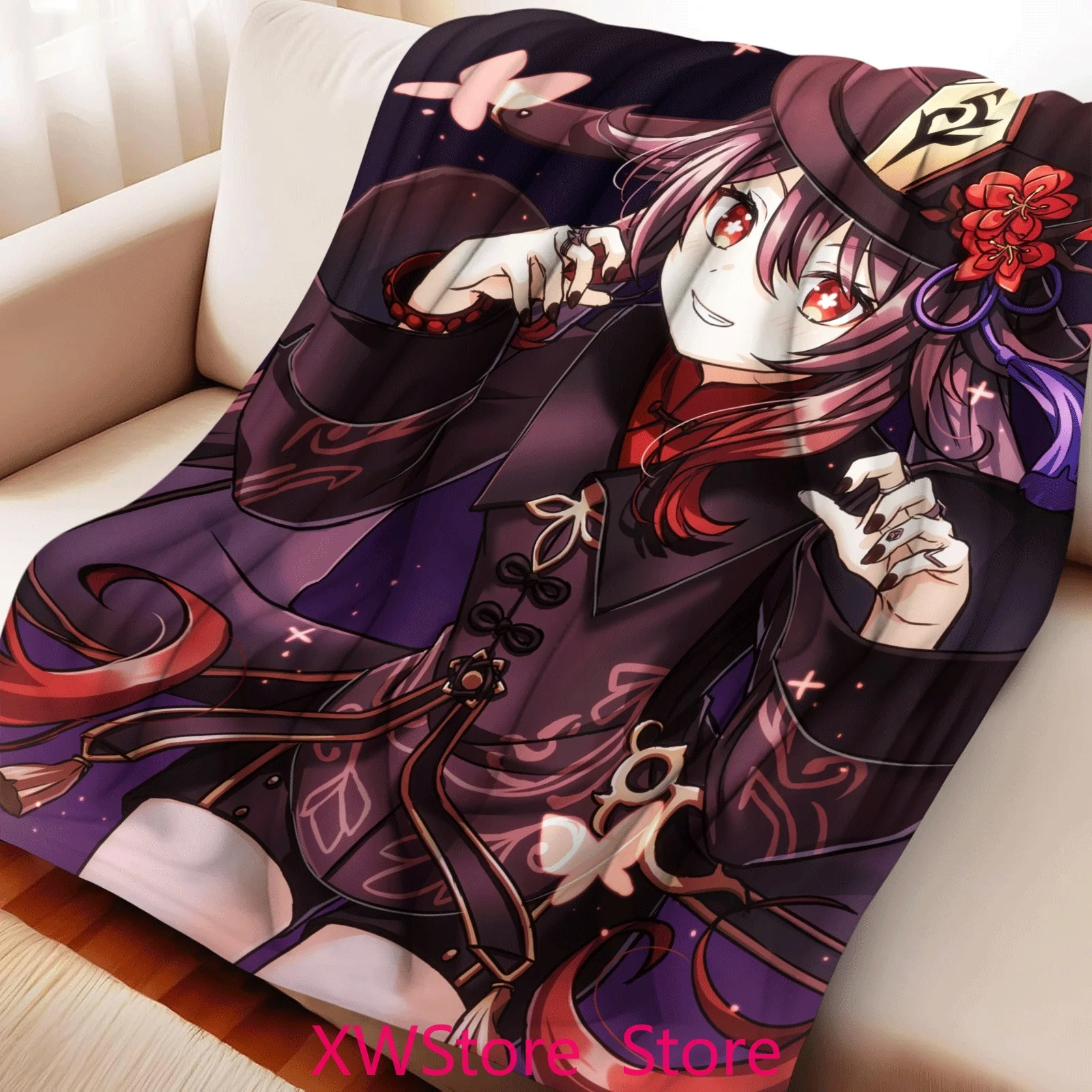 

Anime Plaid Bedspread Plush Throw Warm Blanket on The Bed Hu Tao Genshin Impact Fleece Blanket Winter Blanket