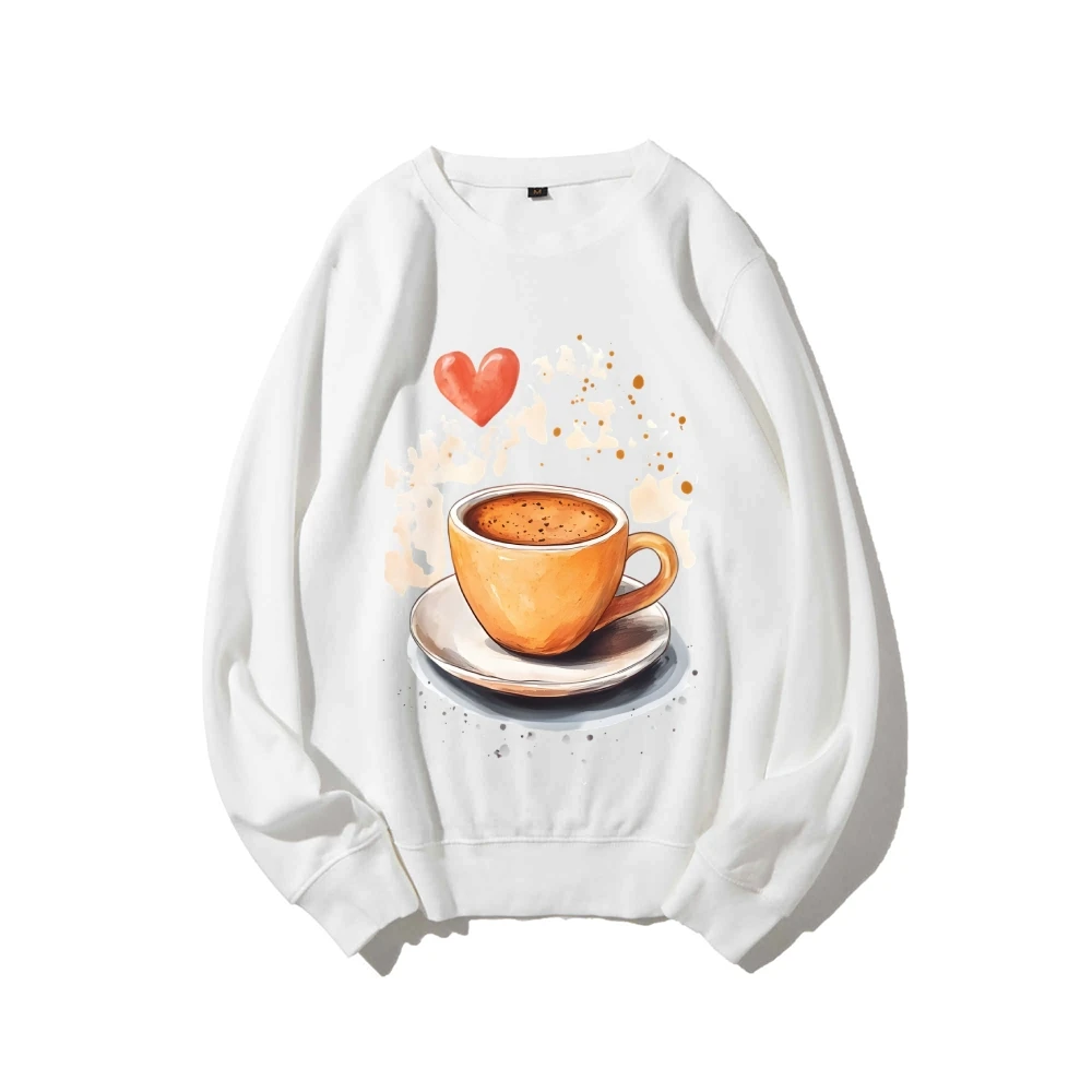

Y2k Graphic Sweatshirt Coffee Cup with Heart Accent Print Cozy Heartwarming Soft Fabric for Caffeine - Loving Casual Looks